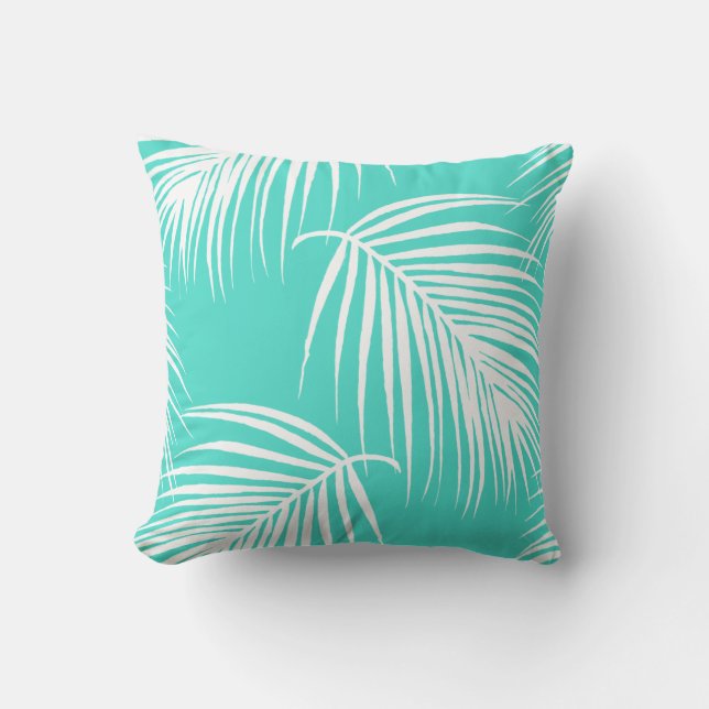 Turquoise and White Palm Tropical Throw Pillow (Front)