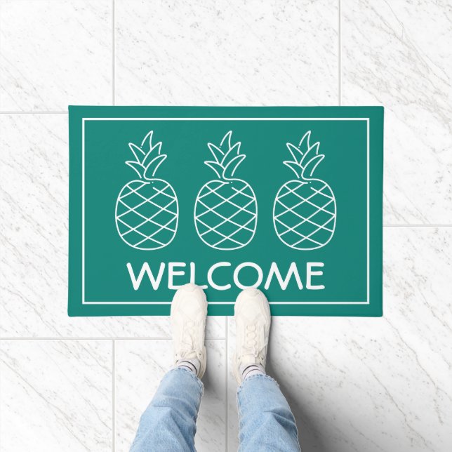 Turquoise and White Pineapples Personalized Doormat (Indoor)