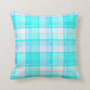 Turquoise and White Plaid Pattern Throw Pillow