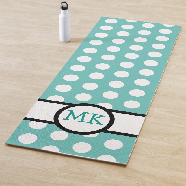 Turquoise and White Polka Dot Cute Monogrammed Yoga Mat (In Situ)