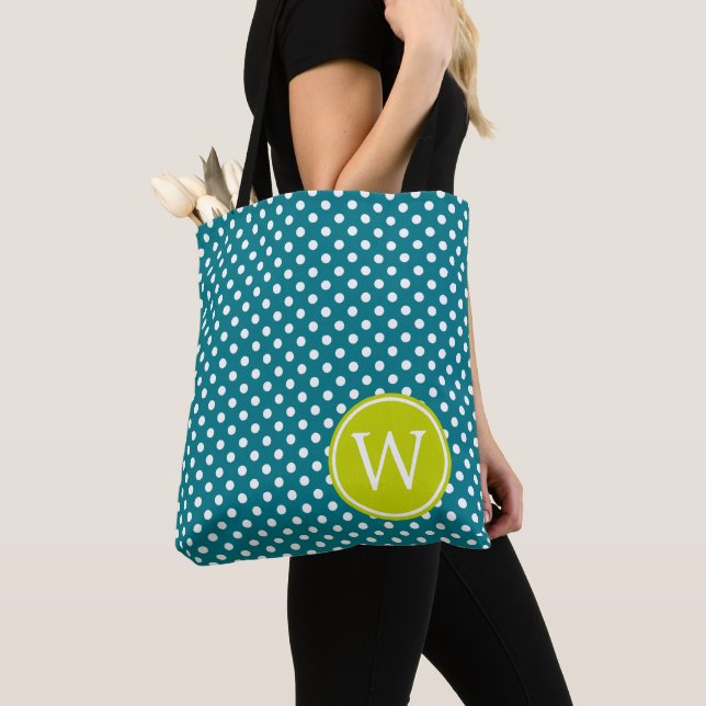 Turquoise and White Polka Dot With Lime Monogram Tote Bag (Close Up)