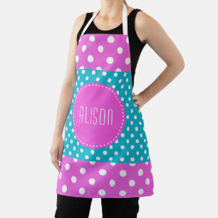 Turquoise and white polka dots with pink monogram  apron