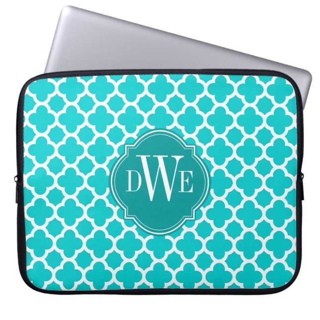 Turquoise and White Quatrefoil Pattern Monogram Laptop Sleeve (Front)
