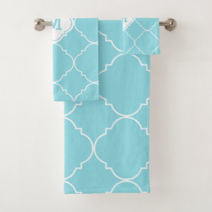 Turquoise and White Quatrefoil Pattern Monogrammed Bath Towel Set