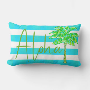 Turquoise and White Stripe Palm Tree Aloha Lumbar Pillow
