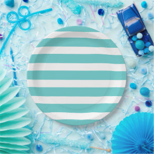 Turquoise and White Stripes Paper Plate
