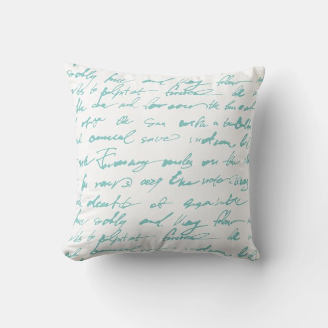 Turquoise and White Written Script Throw Pillow (Front)