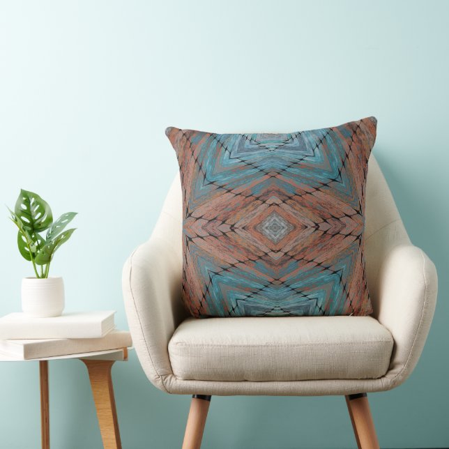 Turquoise and wood geometric throw pillow (Chair)