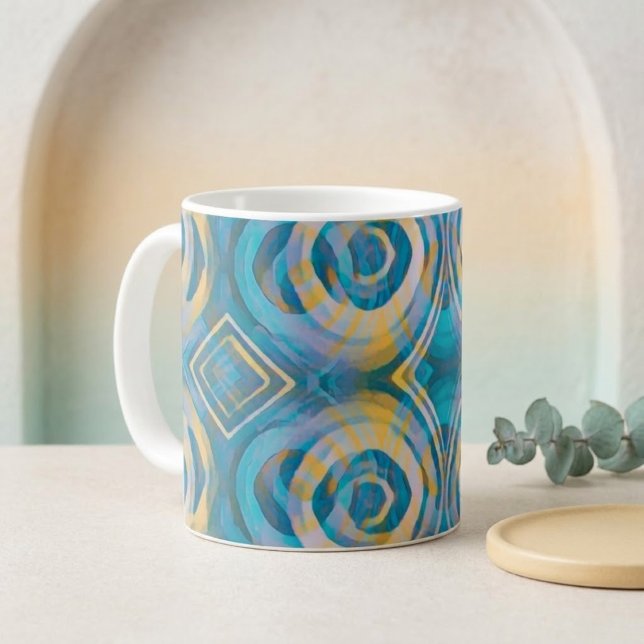  Turquoise and Yellow Batik Circles & Diamonds Coffee Mug (Creator Uploaded)