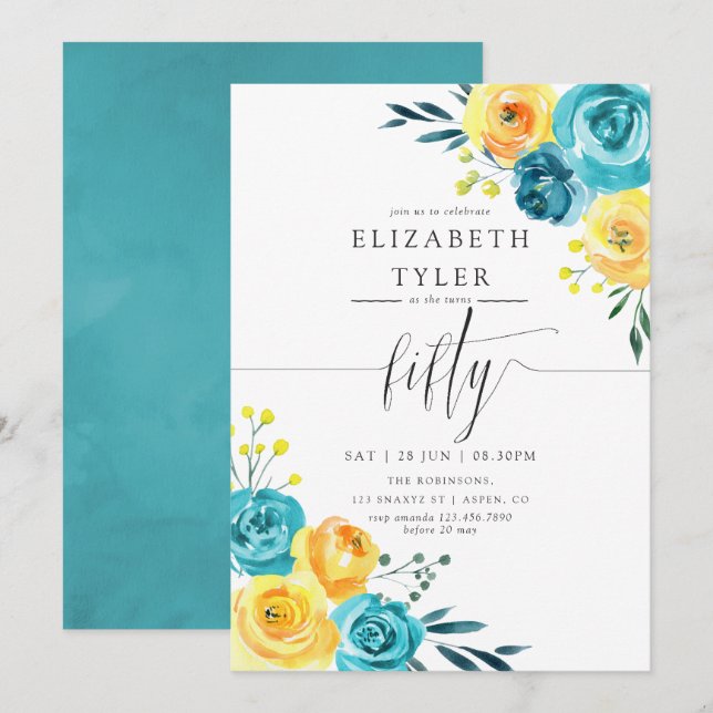 Turquoise and Yellow Floral 50th Birthday Party Invitation (Front/Back)