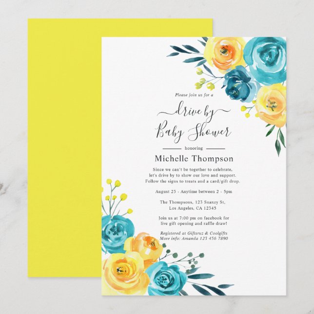 Turquoise and Yellow Floral Drive By Shower Invitation (Front/Back)