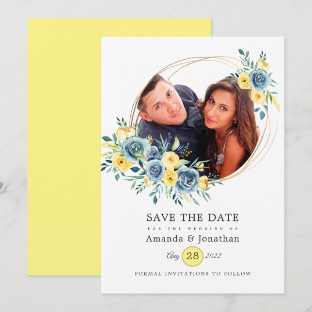 Turquoise and Yellow Floral Wedding Photo Save The Date (Front/Back)