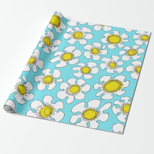 Turquoise and Yellow Single Line Daisies Pattern Wrapping Paper (Unrolled)