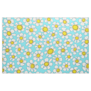 Turquoise and Yellow Single Line Daisy Pattern Fabric