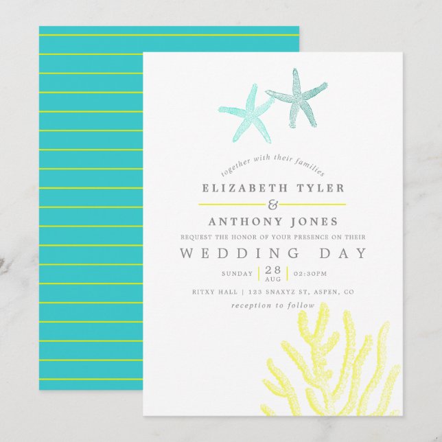 Turquoise and Yellow themed Beach Wedding Invitation (Front/Back)