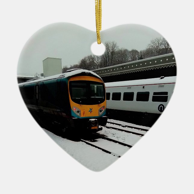 Turquoise and yellow train ceramic ornament (Front)