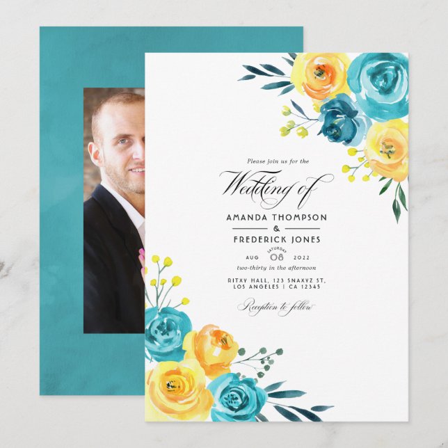 Turquoise and Yellow Watercolor Floral Wedding Inv Invitation (Front/Back)