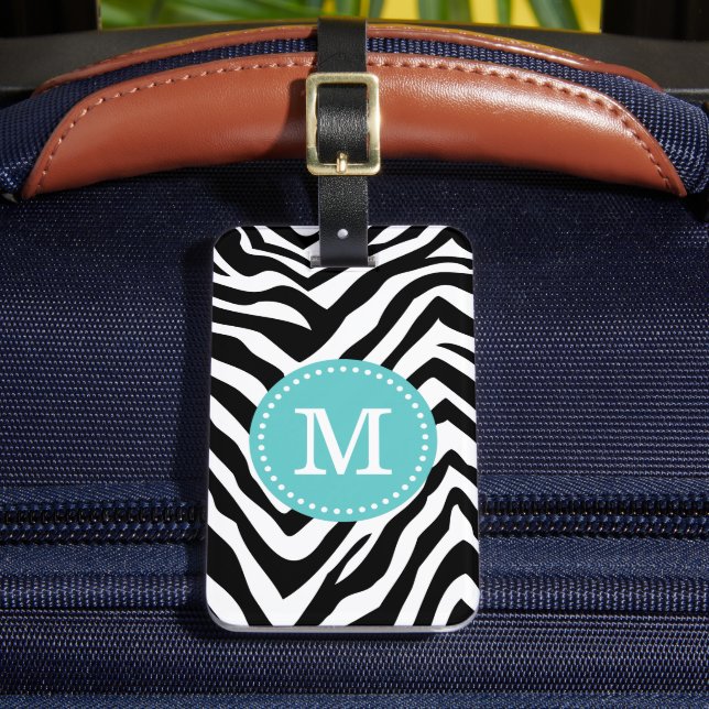 Turquoise and Zebra Print Custom Monogram Luggage Tag (Front Insitu 2)