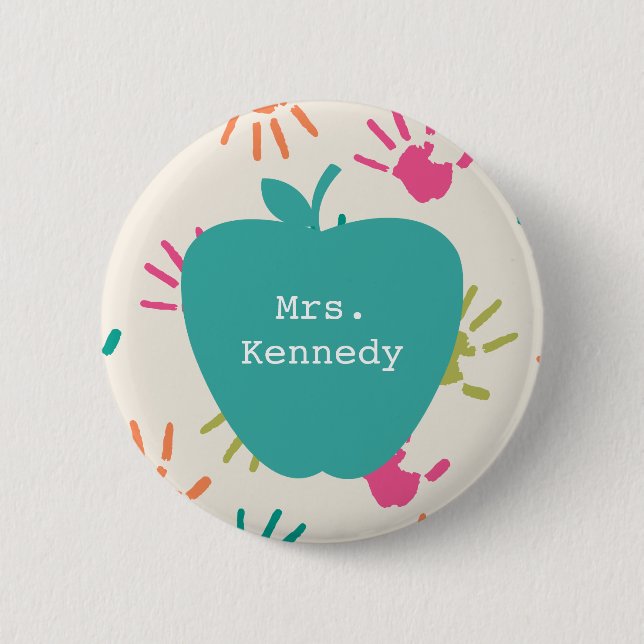 Turquoise Apple Colourful Handprints Teacher 2 Inch Round Button (Front)