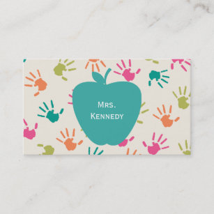 Turquoise Apple Colourful Handprints Teacher Business Card