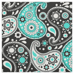 Turquoise Aqua and Black Bohemian Cowgirl Paisley Fabric