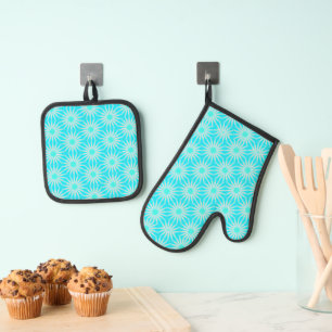 Turquoise, Aqua and Grey Flowers with Cyan Oven Mitt & Pot Holder Set