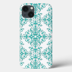Turquoise Aqua and White Fancy Floral Damask iPhone 13 Case