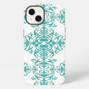 Turquoise Aqua and White Fancy Floral Damask iPhone 13 Case