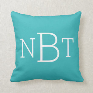 Turquoise Aqua and White Monogrammed Throw Pillow