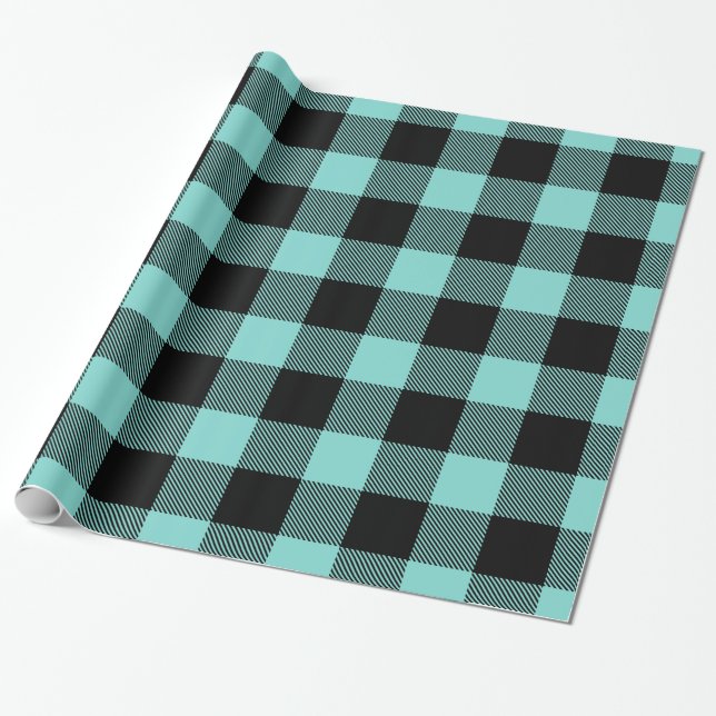 Turquoise Aqua Black Huge Buffalo Plaid Lumberjack Wrapping Paper (Unrolled)