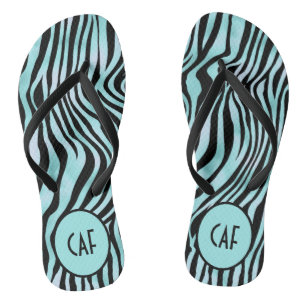 Turquoise Aqua Black Zebra Animal Print Monogram Flip Flops