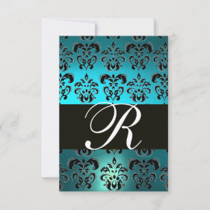 TURQUOISE AQUA BLEU BLACK DAMASK MONOGRAM RSVP