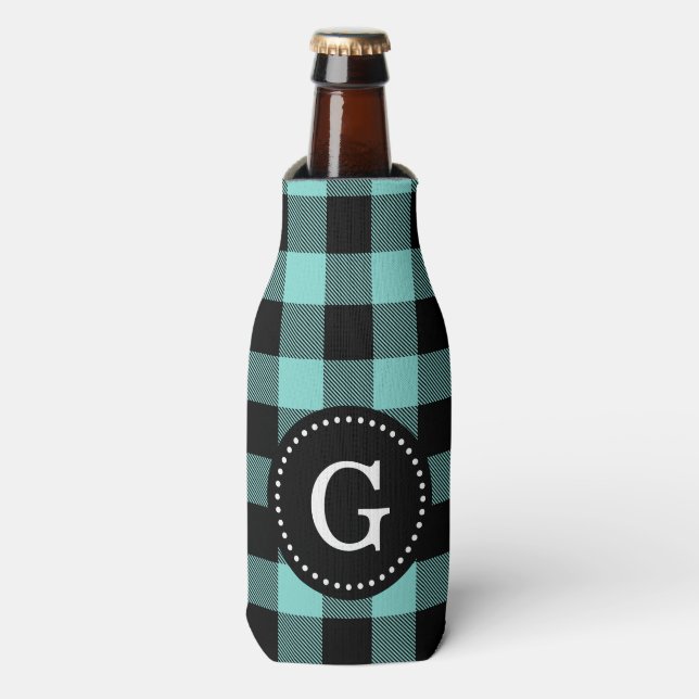 Turquoise Aqua Blk Buffalo Check Plaid 1I Monogram Bottle Cooler (Bottle Front)