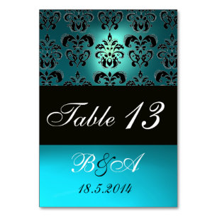TURQUOISE AQUA BLUE BLACK CLASSY DAMASK MONOGRAM TABLE NUMBER