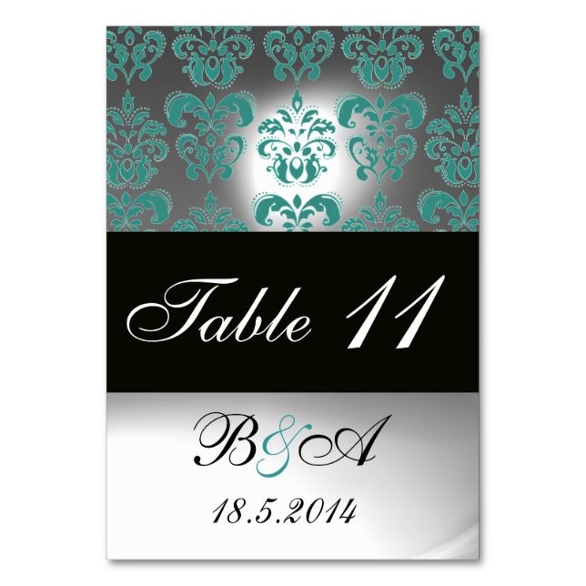 TURQUOISE AQUA BLUE BLACK WHITE DAMASK MONOGRAM TABLE NUMBER (Front)