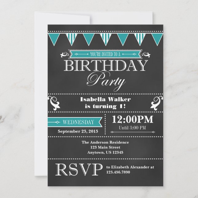 Turquoise Aqua Blue Chalkboard Invitation d'annive (Devant)