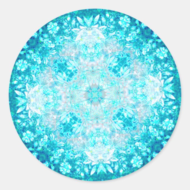 Turquoise Aqua Blue Floral Pattern  Classic Round Sticker (Front)