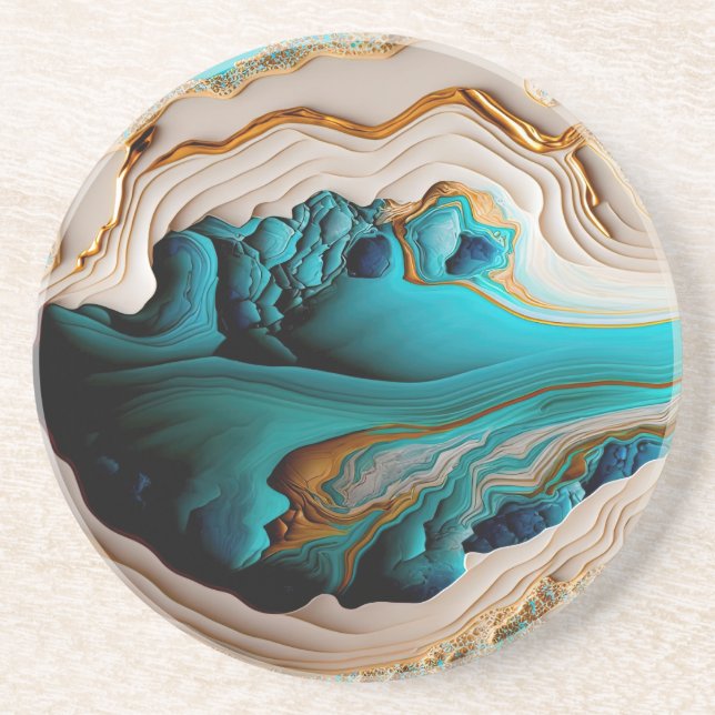 Turquoise Aqua Blue Gold Gemstone Acrylic Pour Art Coaster (Front)