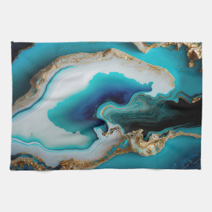 Turquoise Aqua Blue Gold Gemstone Acrylic Pour Art Kitchen Towel