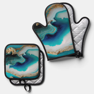 Turquoise Aqua Blue Gold Gemstone Acrylic Pour Art Oven Mitt & Pot Holder Set