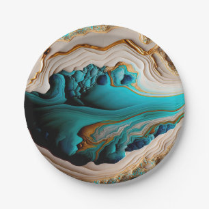 Turquoise Aqua Blue Gold Gemstone Acrylic Pour Art Paper Plate