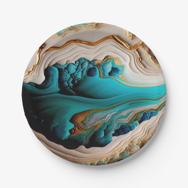 Turquoise Aqua Blue Gold Gemstone Acrylic Pour Art Paper Plate (Front)