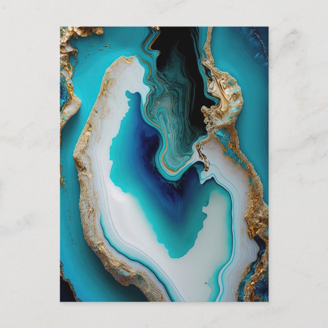 Turquoise Aqua Blue Gold Gemstone Acrylic Pour Art Postcard (Front)