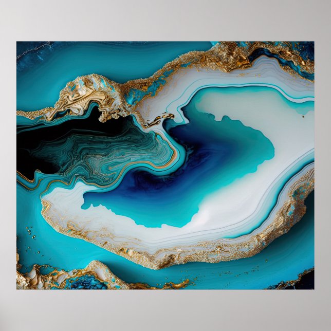 Turquoise Aqua Blue Gold Gemstone Acrylic Pour Art Poster (Front)