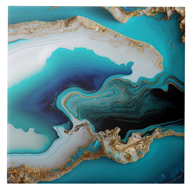 Turquoise Aqua Blue Gold Gemstone Acrylic Pour Art Tile (Front)