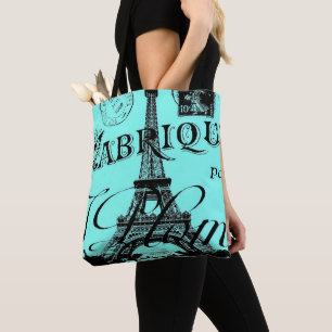 turquoise aqua blue scripts Paris Eiffel Tower Tote Bag