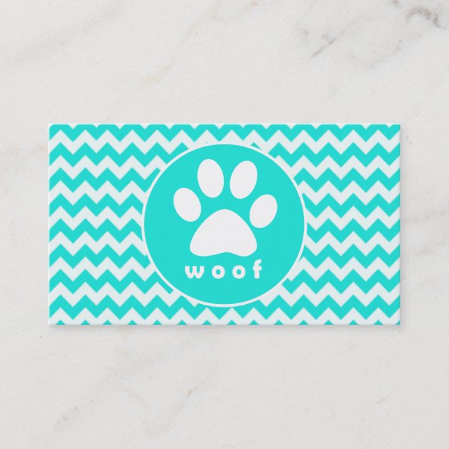Turquoise, Aqua Colour Chevron; Paw Print Business Card (Front)