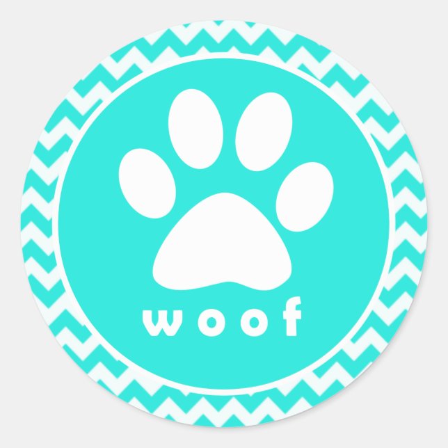 Turquoise, Aqua Colour Chevron; Paw Print Classic Round Sticker (Front)