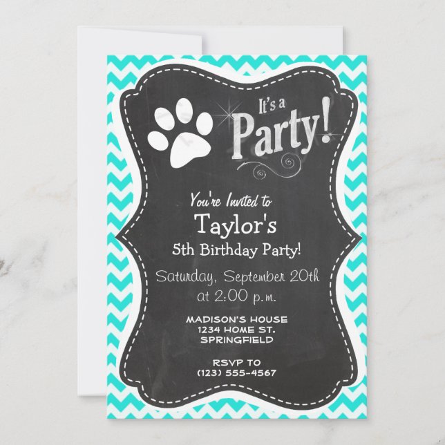 Turquoise, Aqua Colour Chevron; Paw Print Invitation (Front)