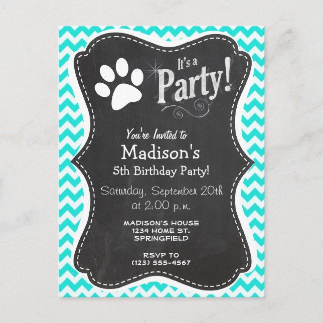 Turquoise, Aqua Colour Chevron; Paw Print Invitation Postcard (Front)